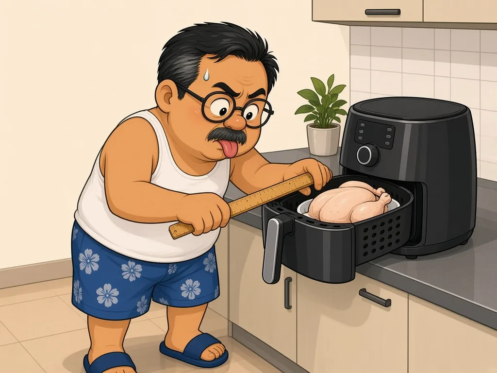 Cartoon of Ah Huat, a chubby uncle with round glasses and a moustache in a white singlet and blue floral shorts, in his kitchen measuring the basket of an air fryer with a ruler while a whole raw chicken waits on the counter beside it.