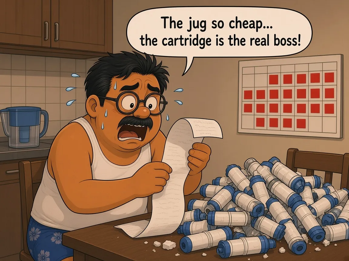 Comic: in his HDB kitchen, Ah Huat, a chubby uncle with round glasses and a moustache in a white singlet and blue floral shorts, sits at the table sweating and shocked, holding a long receipt beside a big pile of used filter cartridges, saying “The jug so cheap... the cartridge is the real boss!” A small blue filter jug sits on the counter and a wall calendar behind him is covered in red stickers.