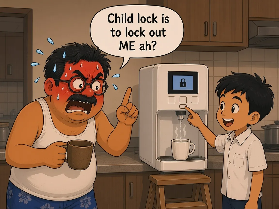 Comic: in an HDB kitchen, Ah Huat, a chubby uncle with round glasses and a moustache in a white singlet and blue floral shorts, stands red-faced and sweating with an empty mug, saying “Child lock is to lock out ME ah?” Beside him, his smiling young grandson in a white school shirt presses one button on a white countertop hot water dispenser with a padlock icon on its screen, and steaming water pours into a cup.
