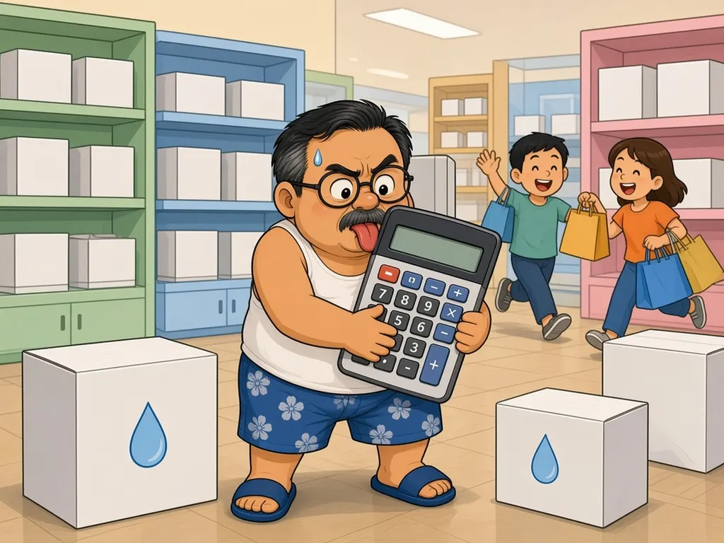 Cartoon of Ah Huat in an appliance shop hugging a giant calculator with his tongue out in concentration, standing between a big and a small plain box marked with water-drop icons, while two cheerful shoppers rush past with bags.