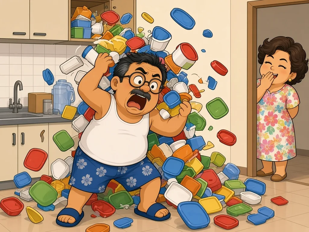 Cartoon of Ah Huat, a chubby uncle with round glasses and a moustache in a white singlet and blue floral shorts, opening a kitchen cupboard as an avalanche of mismatched plastic containers and lids pours out onto him, while his wife laughs in the background.