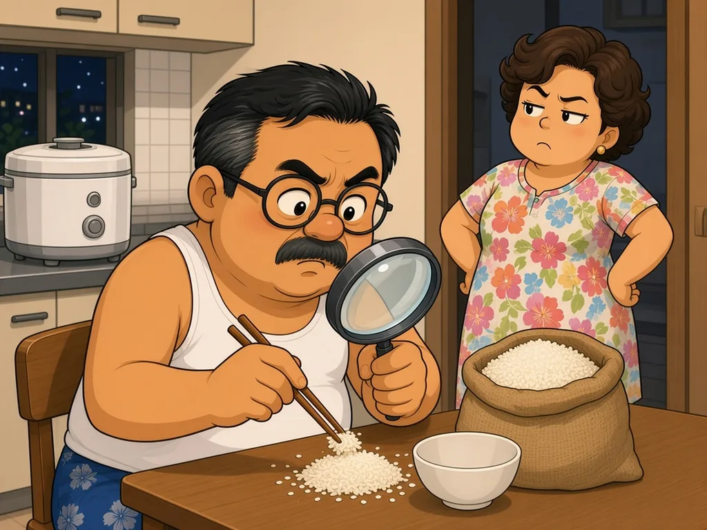 Cartoon of Ah Huat, a chubby uncle with round glasses and a moustache in a white singlet and blue floral shorts, sitting at the kitchen table late at night counting grains of rice one by one with chopsticks and a magnifying glass, while his wife watches deadpan from the doorway.