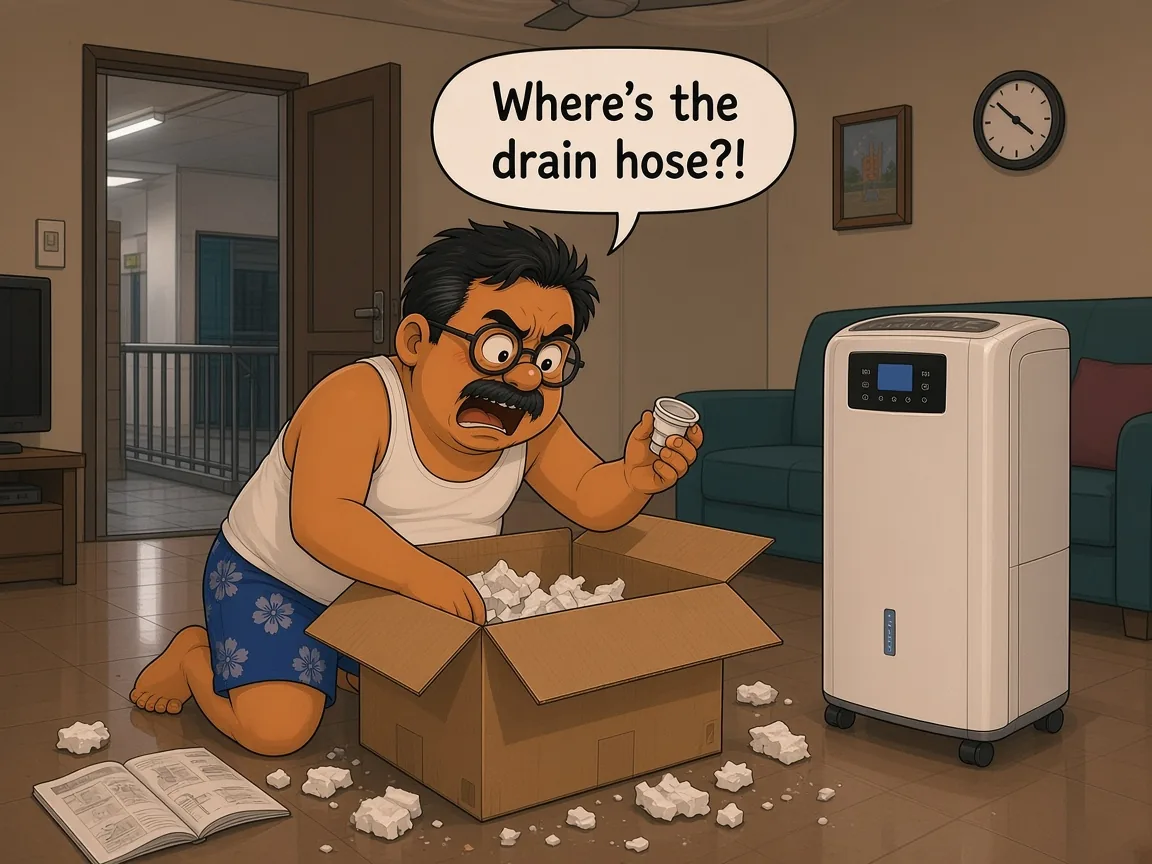 Comic: in his HDB living room, Ah Huat, a chubby uncle with round glasses and a moustache in a white singlet and blue floral shorts, kneels with his arm deep in an empty cardboard box full of styrofoam bits, holding up a small drain connector and shouting “Where's the drain hose?!” A tall white dehumidifier on castors stands beside the sofa and the manual lies open on the floor.