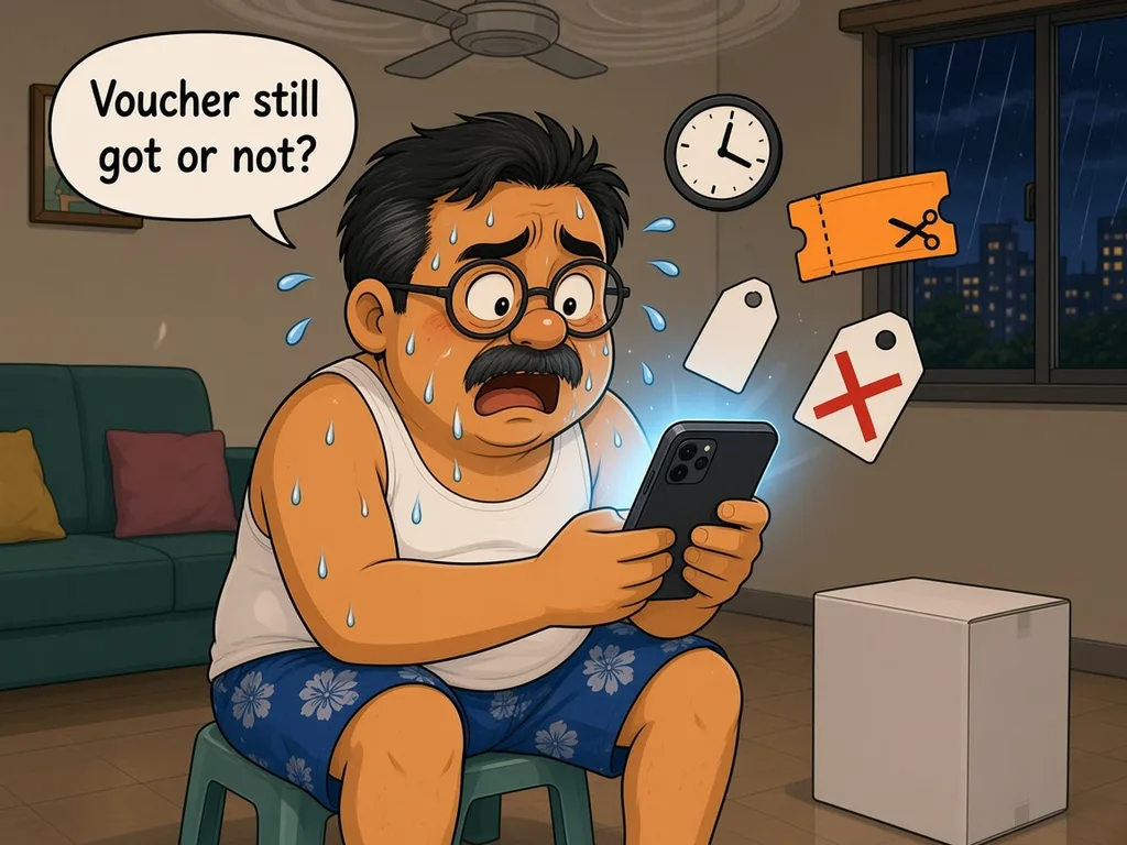 Comic: Ah Huat in a white singlet and hibiscus shorts sits sweating on a plastic stool at night, staring at his phone, with a clock, an orange voucher ticket and two price tags — one crossed out — floating above it, and an air fryer box beside him. His speech bubble says: Voucher still got or not?