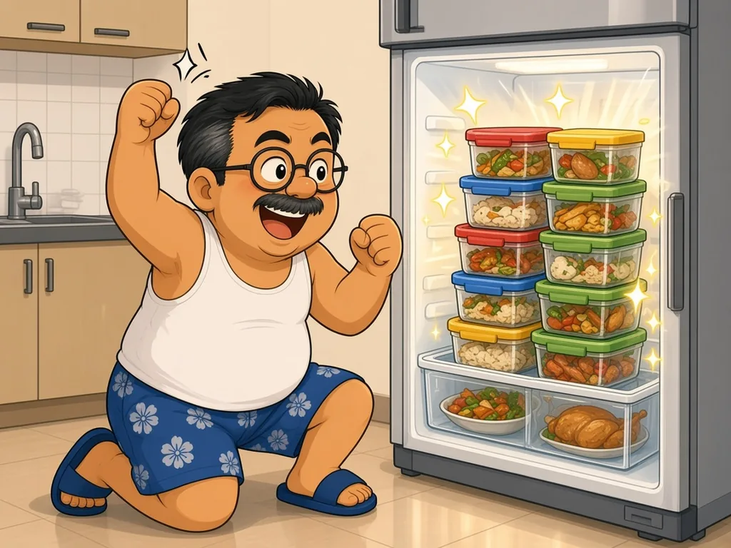 Cartoon of Ah Huat, a chubby uncle with round glasses and a moustache in a white singlet and blue floral shorts, standing proudly in front of an open fridge filled with neatly stacked glass food containers.