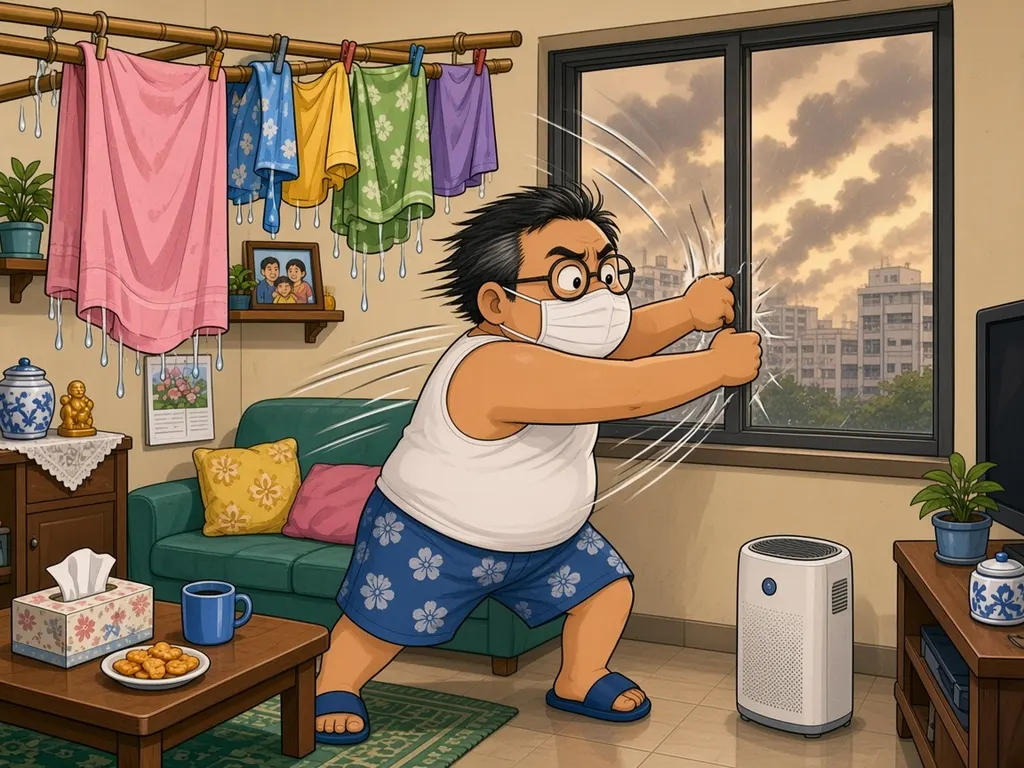 Cartoon of Ah Huat wearing a face mask, dramatically slamming the window of his HDB flat shut like an action hero while a smoky orange haze covers the blocks outside; a plain air purifier stands on the floor beside him.