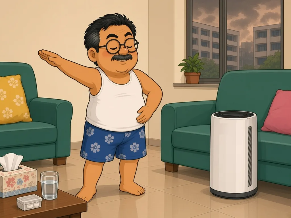 Cartoon of Ah Huat, a chubby uncle with round glasses and a moustache in a white singlet and blue floral shorts, calmly doing taiji in his living room with the windows shut, a plain air purifier beside the green sofa, a glass of water and a pill box on the table, while haze covers the HDB blocks outside.