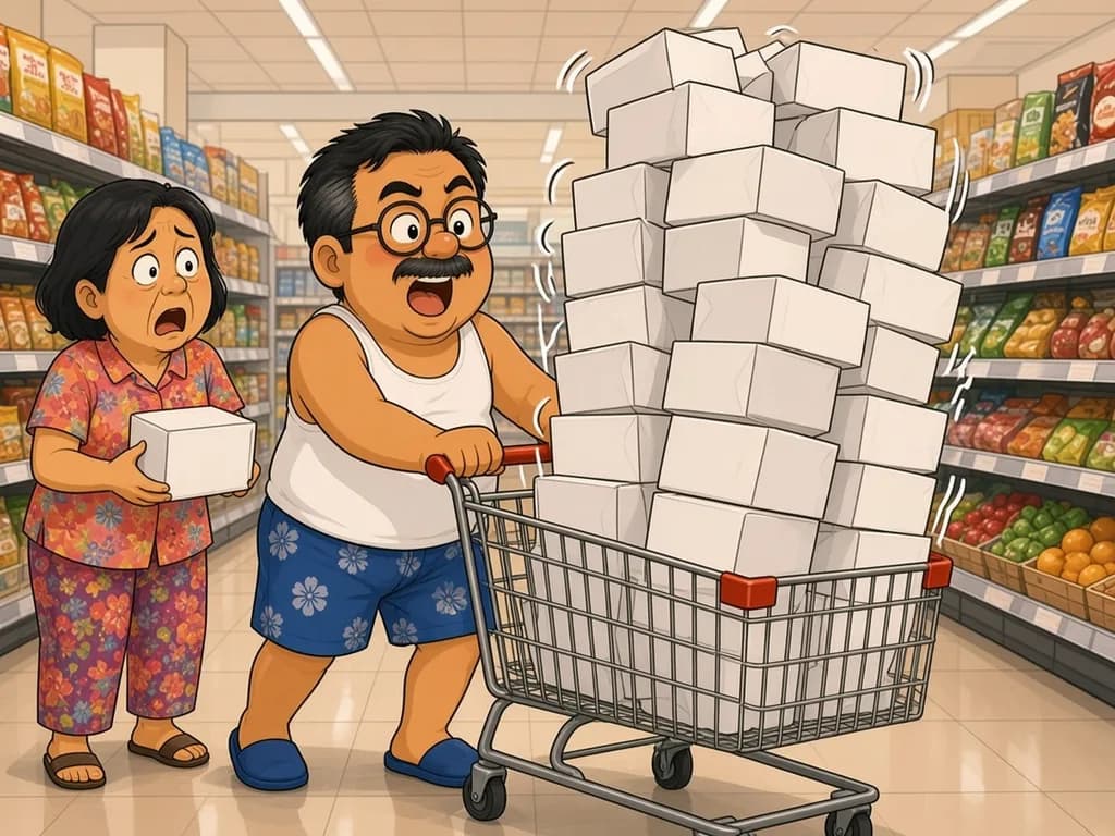 Cartoon of Ah Huat, a chubby uncle with round glasses and a moustache in a white singlet and blue floral shorts, pushing a supermarket trolley piled dangerously high with plain white mask boxes, while a shocked auntie holding a single box watches.