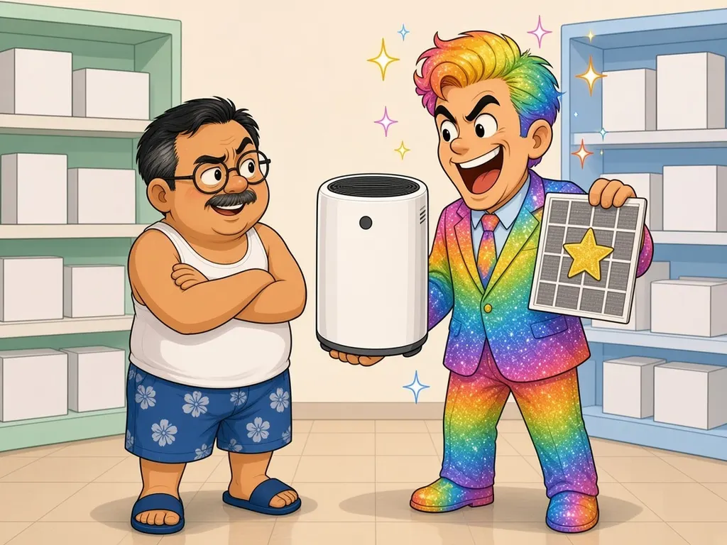 Cartoon of an over-excited salesman in a sparkly rainbow suit holding up a plain air purifier and a filter with a gold star sticker, while Ah Huat stands with arms crossed and a raised eyebrow, looking very unconvinced.