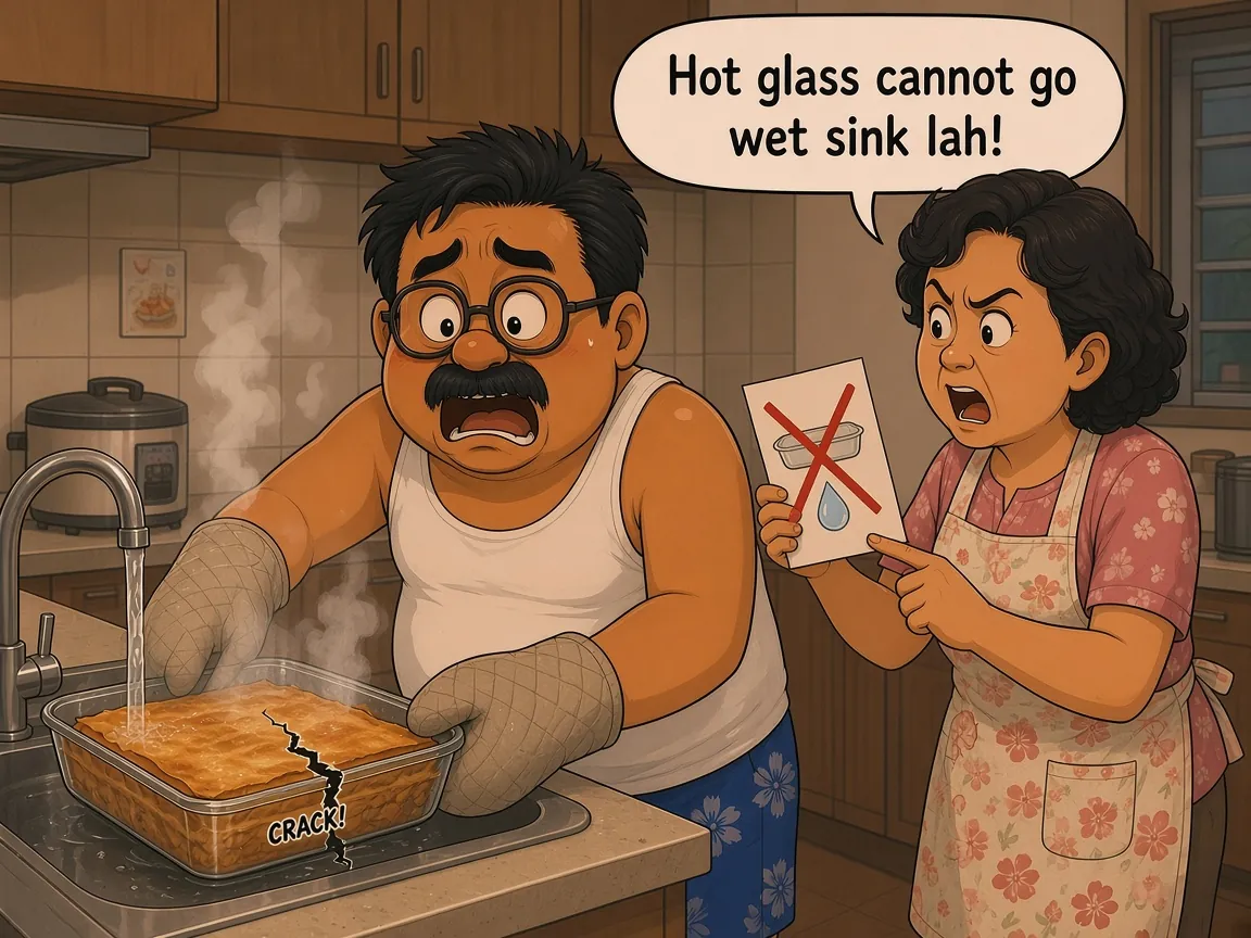 Comic: in an HDB kitchen, Ah Huat, a chubby uncle with round glasses and a moustache in a white singlet and blue floral shorts, wears oven mitts and has just put a steaming glass dish of lasagne into a wet sink under the running tap. A jagged crack runs across the glass with a “CRACK!” sound effect. His wife in a floral apron holds up a leaflet showing a glass dish and a water drop crossed out in red, saying “Hot glass cannot go wet sink lah!”