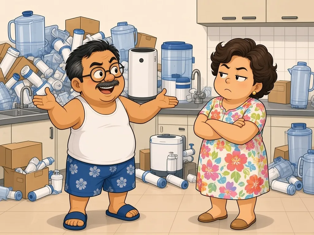 Cartoon of Ah Huat in a white singlet and blue floral shorts proudly showing off a kitchen counter overflowing with plain water filter jugs, filter cartridges, a countertop unit, a dispenser and boxes, while his wife in a floral house dress stands with arms crossed, looking very unimpressed.