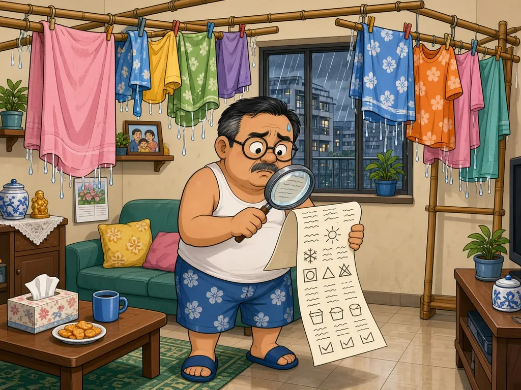 Cartoon of Ah Huat, a chubby uncle in a white singlet and floral shorts, standing in an HDB living room surrounded by dripping wet laundry on bamboo poles while it rains outside, studying a long spec sheet through a giant magnifying glass.