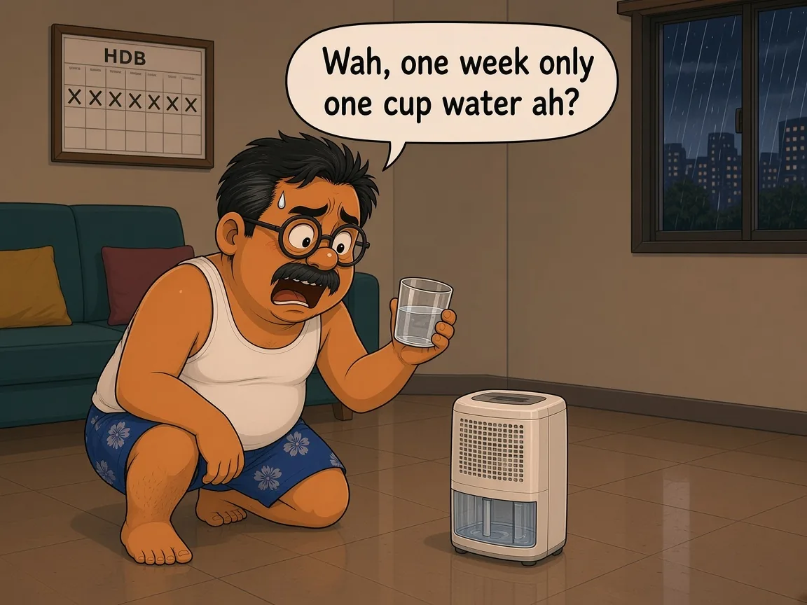 Comic: in a big, dim HDB living room on a rainy night, Ah Huat, a chubby uncle with round glasses and a moustache in a white singlet and blue floral shorts, squats beside a small beige mini dehumidifier on the floor and holds up a glass with a little water in it, sweating, saying “Wah, one week only one cup water ah?” A wall calendar behind him has a whole week crossed off.