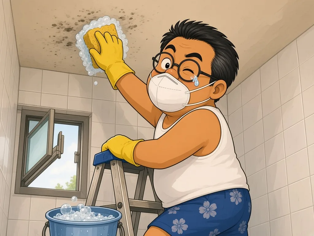 Cartoon of Ah Huat, a chubby uncle with round glasses and a moustache in a white singlet and blue floral shorts, standing on a stepladder in a tiled bathroom wearing a white N95-style mask and yellow rubber gloves, scrubbing black mould on the ceiling with a soapy sponge while a drop lands on his glasses; the window is open and a soapy bucket sits below.