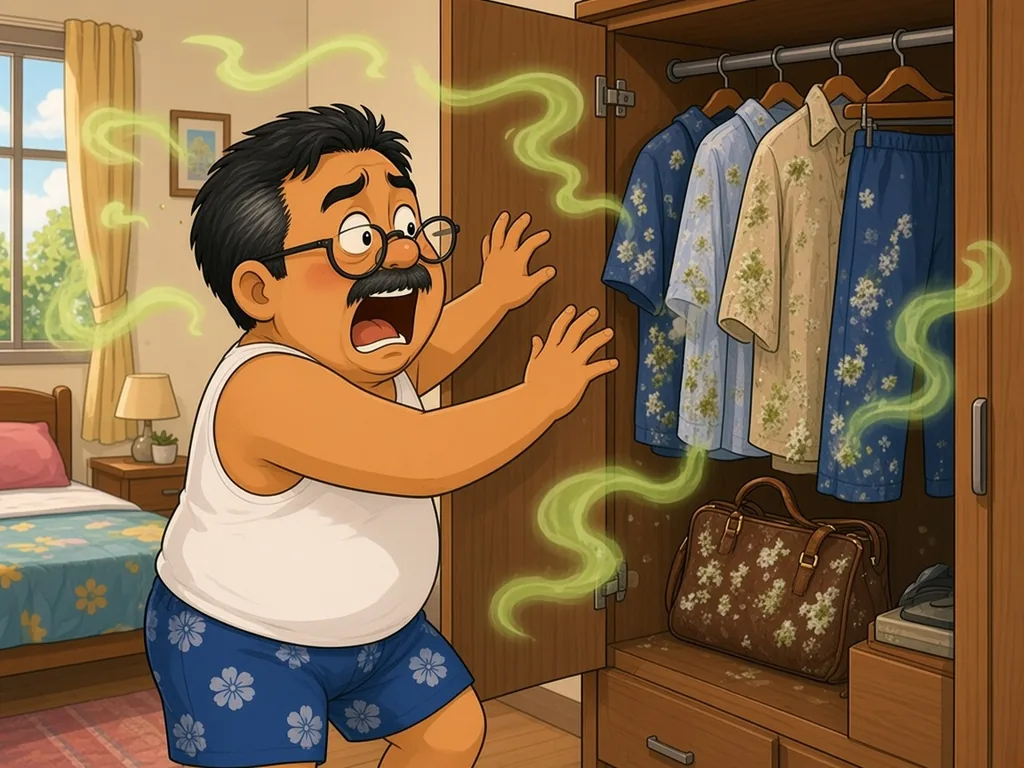 Cartoon of Ah Huat, a chubby uncle with round glasses and a moustache in a white singlet and blue floral shorts, recoiling in shock after opening a wooden wardrobe full of mouldy clothes and a mouldy handbag, with green musty smell lines floating out.