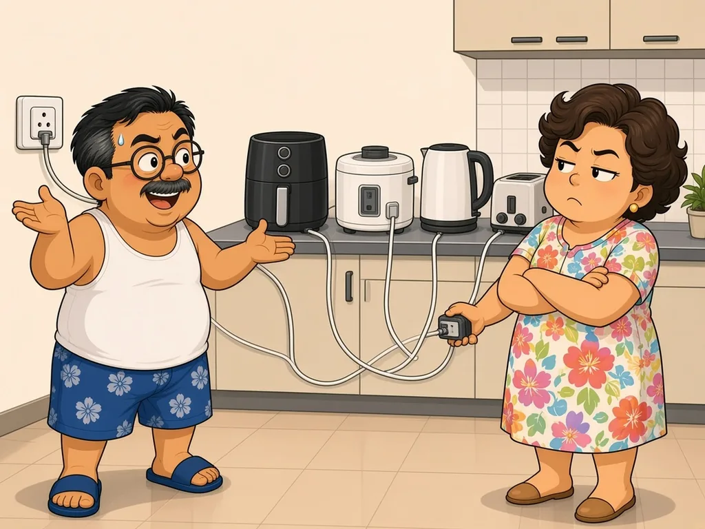 Cartoon of Ah Huat, a chubby uncle with round glasses and a moustache in a white singlet and blue floral shorts, looking sheepish in his kitchen as cords from many appliances all run into a single multi-way adaptor, while his wife stands beside him holding up the plug with a stern look.