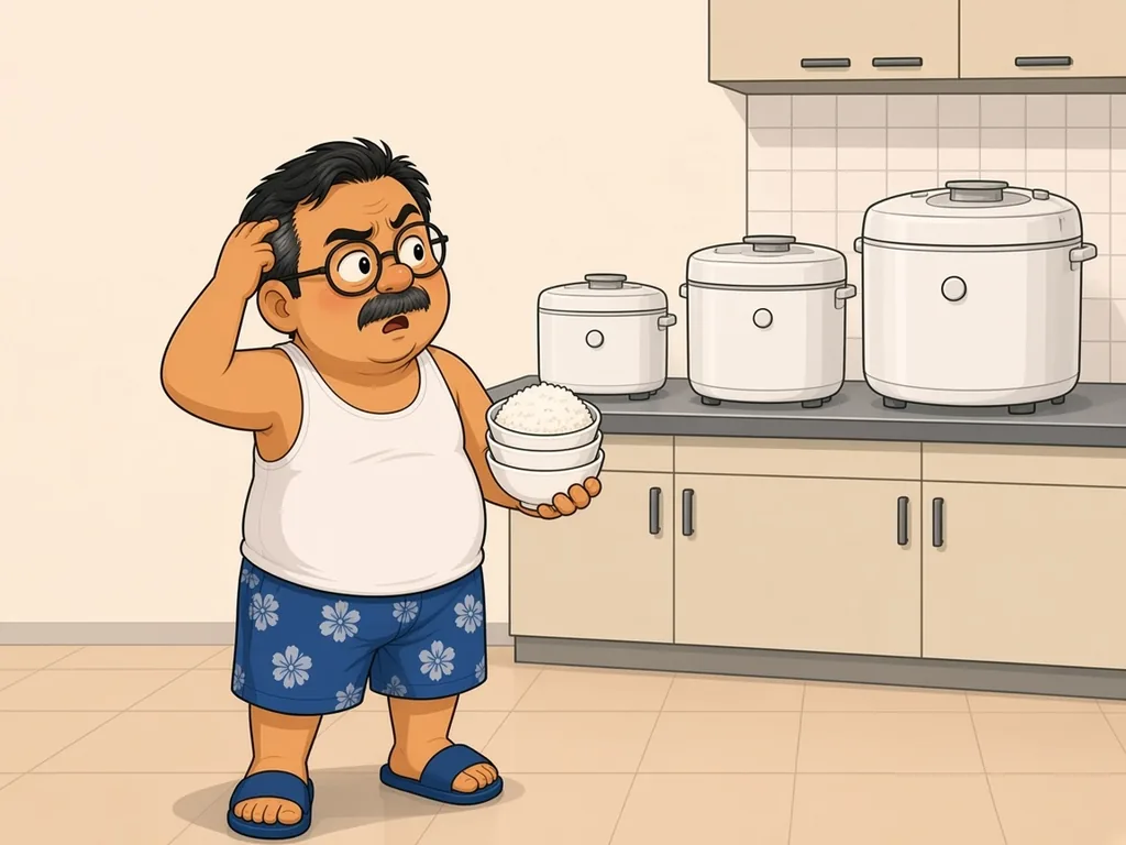 Cartoon of Ah Huat, a chubby uncle with round glasses and a moustache in a white singlet and blue floral shorts, standing in front of three plain rice cookers of small, medium and large sizes, holding a stack of rice bowls and scratching his head.
