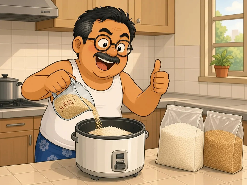 Cartoon of Ah Huat, a chubby uncle with round glasses and a moustache in a white singlet and blue floral shorts, pouring a cup of brown rice into a rice cooker pot that already has white rice in it, with plain bags of white and brown rice on the counter, giving a thumbs up.