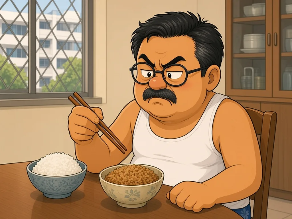 Cartoon of Ah Huat, a chubby uncle with round glasses and a moustache in a white singlet and blue floral shorts, sitting at the dining table and eyeing a bowl of brown rice with deep suspicion, next to a familiar bowl of white rice.