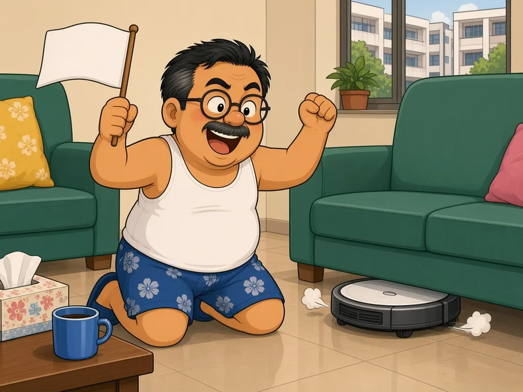 Cartoon of Ah Huat, a chubby uncle with round glasses and a moustache in a white singlet and blue floral shorts, kneeling on the floor waving a small white flag at a round robot vacuum stuck under a green sofa.