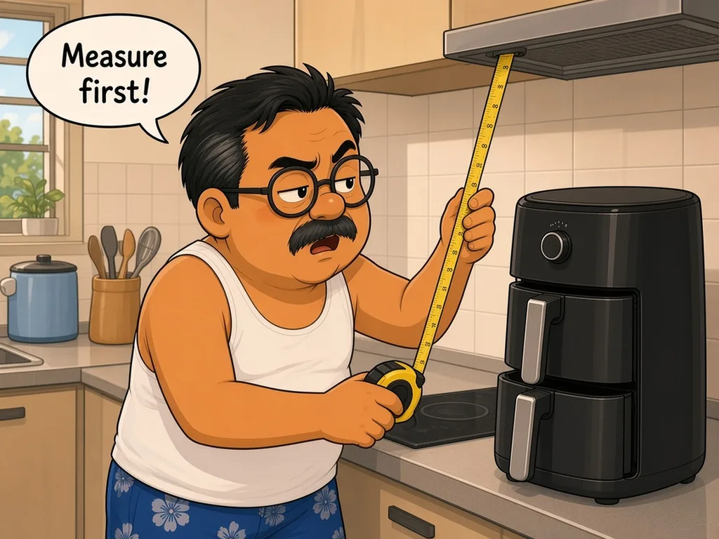 Comic: Ah Huat in a white singlet and hibiscus shorts stretches a yellow measuring tape from the kitchen counter up to the cooker hood above, frowning, next to a tall black air fryer with two drawers stacked one on top of the other. His speech bubble says: Measure first!