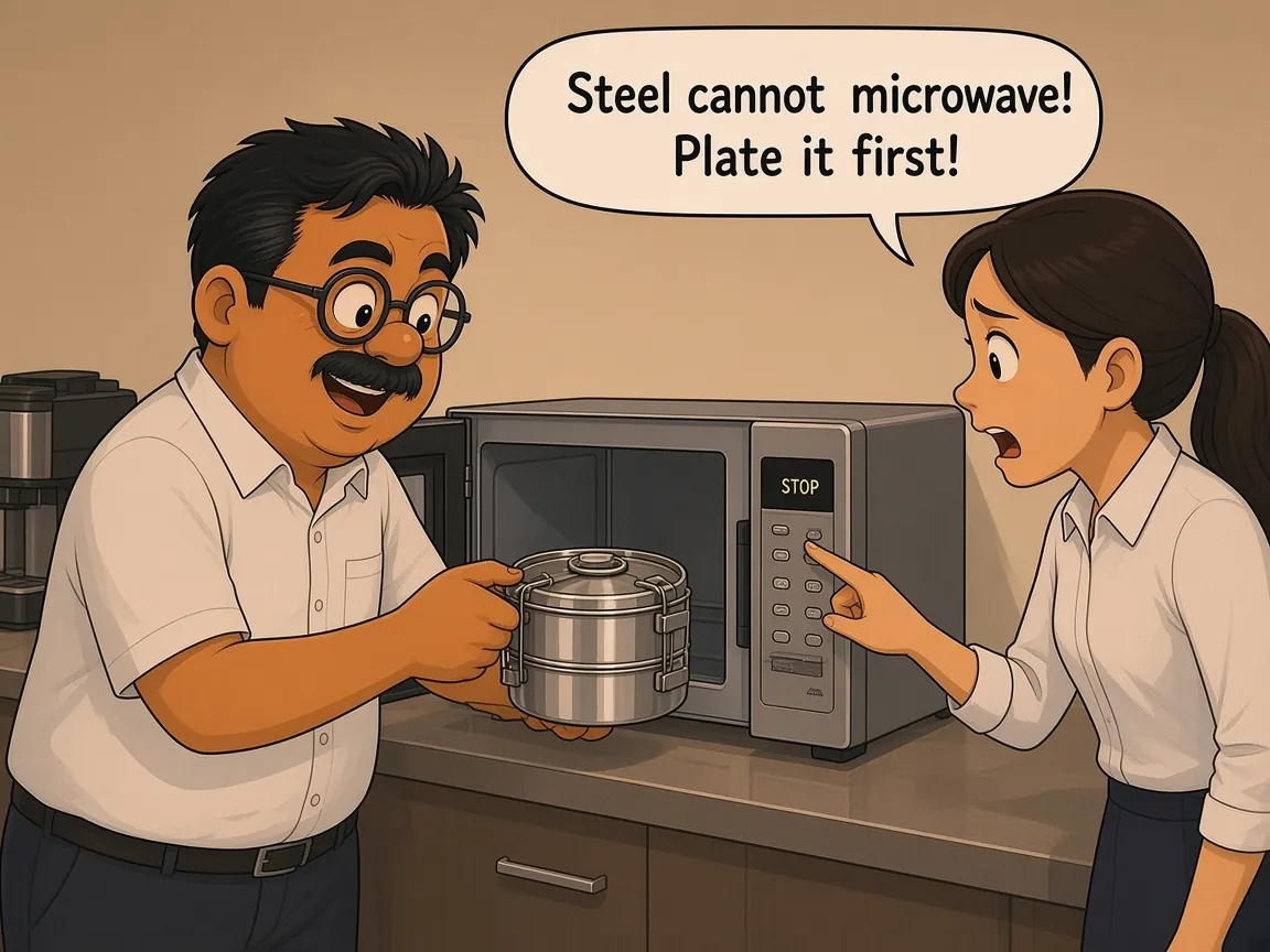 Comic: in an office pantry, Ah Huat, a chubby uncle with round glasses and a moustache in an office shirt, is about to put a two-tier stainless steel tiffin into the microwave. A colleague lunges to press the STOP button, shouting “Steel cannot microwave! Plate it first!”