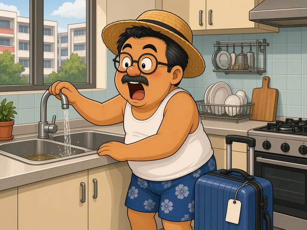 Cartoon of Ah Huat, a chubby uncle with round glasses and a moustache in a white singlet and blue floral shorts, still wearing a straw hat with his suitcase beside him, staring in shock at brown water pooling in his kitchen sink.