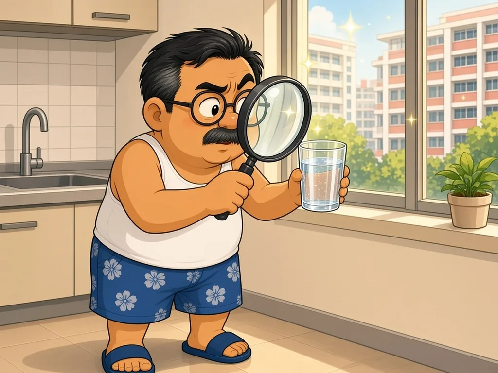 Cartoon of Ah Huat, a chubby uncle with round glasses and a moustache in a white singlet and blue floral shorts, standing by the window of his HDB kitchen holding a glass of tap water up to the sunlight and inspecting it through a big magnifying glass like a detective.