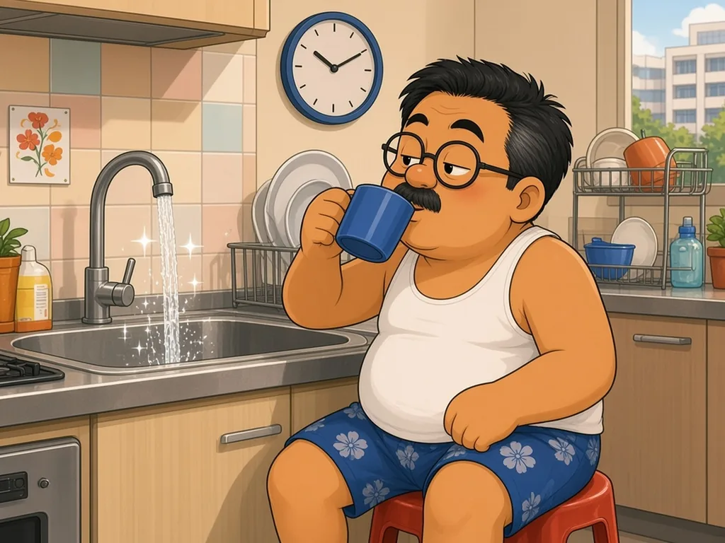 Cartoon of Ah Huat, a chubby uncle with round glasses and a moustache in a white singlet and blue floral shorts, sitting on a stool holding a cup of kopi and waiting patiently while clear, sparkling water runs from the kitchen tap.