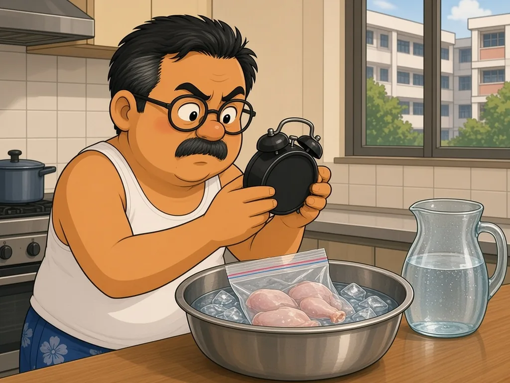 Cartoon of Ah Huat, a chubby uncle with round glasses and a moustache in a white singlet and blue floral shorts, proudly watching chicken drumsticks in a sealed zip bag submerged in a basin of ice water, with an alarm clock beside it.