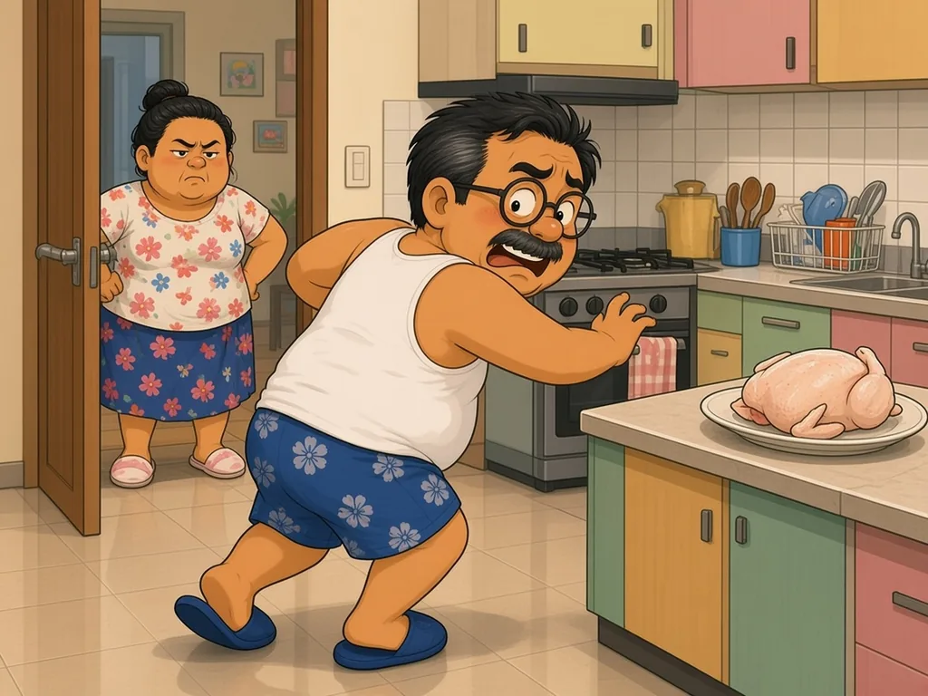 Cartoon of Ah Huat, a chubby uncle with round glasses and a moustache in a white singlet and blue floral shorts, caught red-handed by his wife as she points at a frozen chicken left on the kitchen counter to thaw.