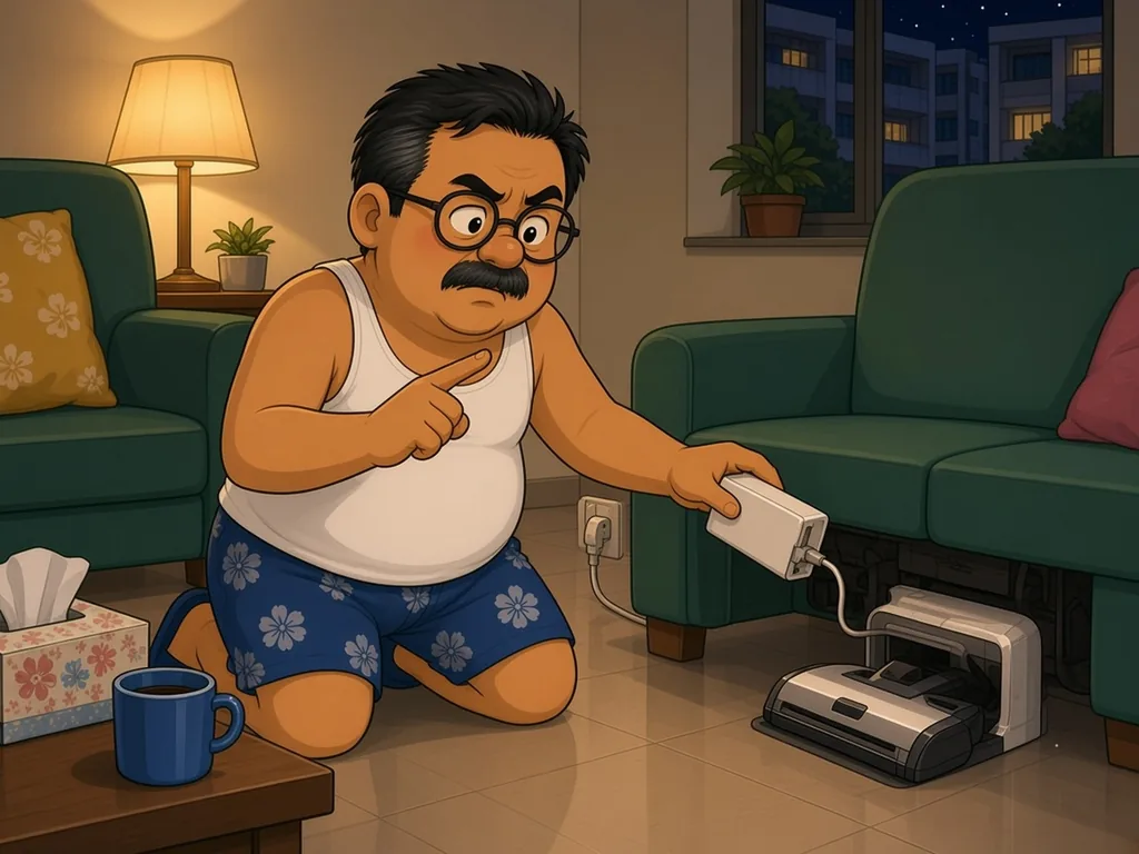 Cartoon of Ah Huat, a chubby uncle with round glasses and a moustache in a white singlet and blue floral shorts, at night pulling a charger out from beside the sofa and wagging his finger, with a vacuum nearby.