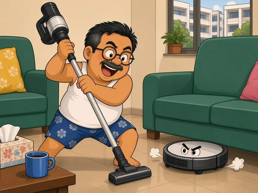 Cartoon of Ah Huat, a chubby uncle with round glasses and a moustache in a white singlet and blue floral shorts, raising a cordless stick vacuum like a sword in a dramatic duel against a round robot vacuum with angry eyebrows.