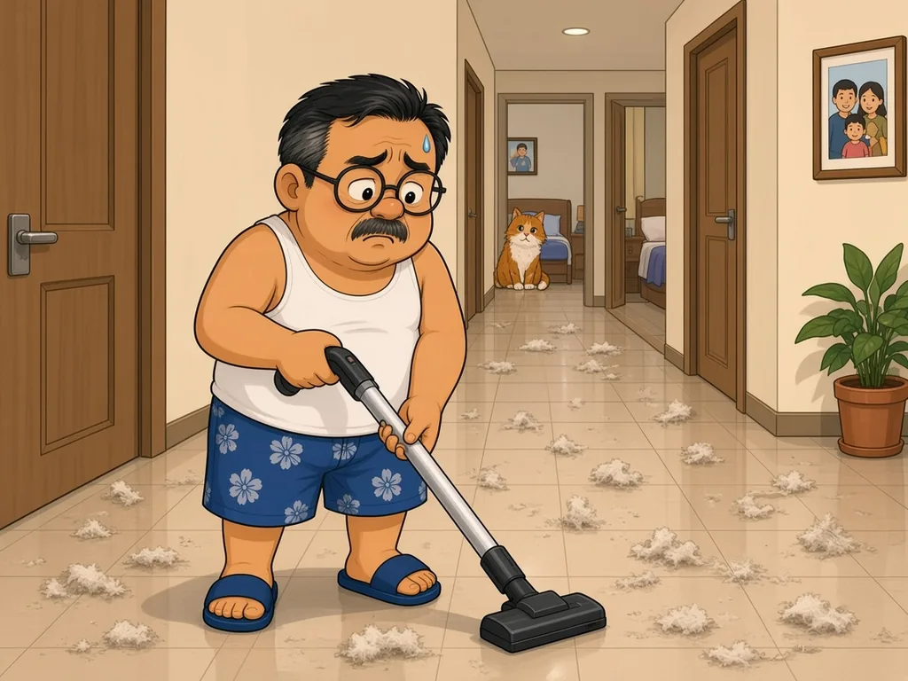 Cartoon of Ah Huat, a chubby uncle with round glasses and a moustache in a white singlet and blue floral shorts, standing at the start of a long flat corridor covered in dust bunnies, holding a vacuum cleaner and looking overwhelmed, while an orange cat watches.