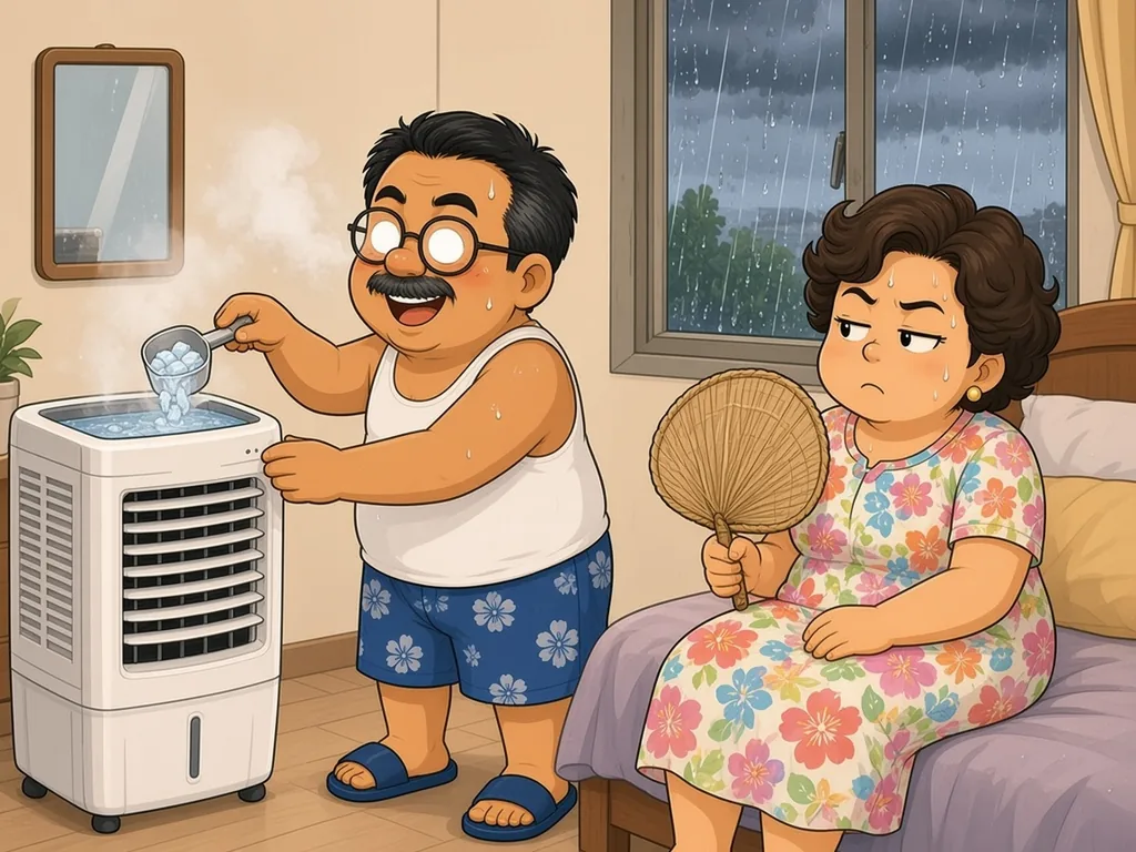 Cartoon of Ah Huat, a chubby uncle with round glasses and a moustache in a white singlet and blue floral shorts, pouring ice into an evaporative air cooler while his glasses fog up, with rain on the window and his wife fanning herself on the sofa.