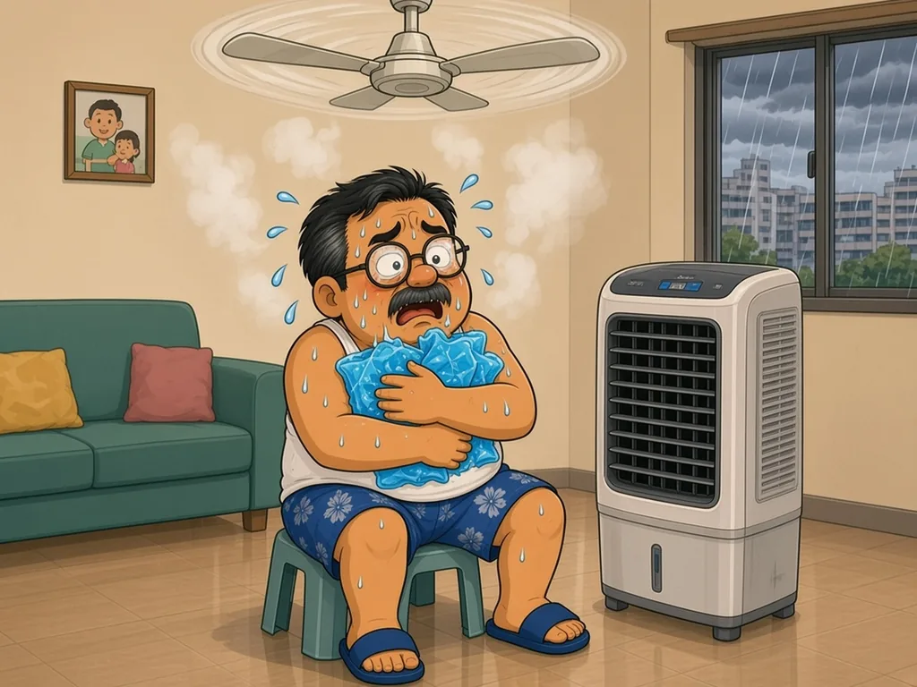 Cartoon of Ah Huat, a chubby uncle with round glasses and a moustache in a white singlet and blue floral shorts, hugging a pile of ice packs next to an evaporative air cooler on a rainy, misty, humid day, looking unconvinced.