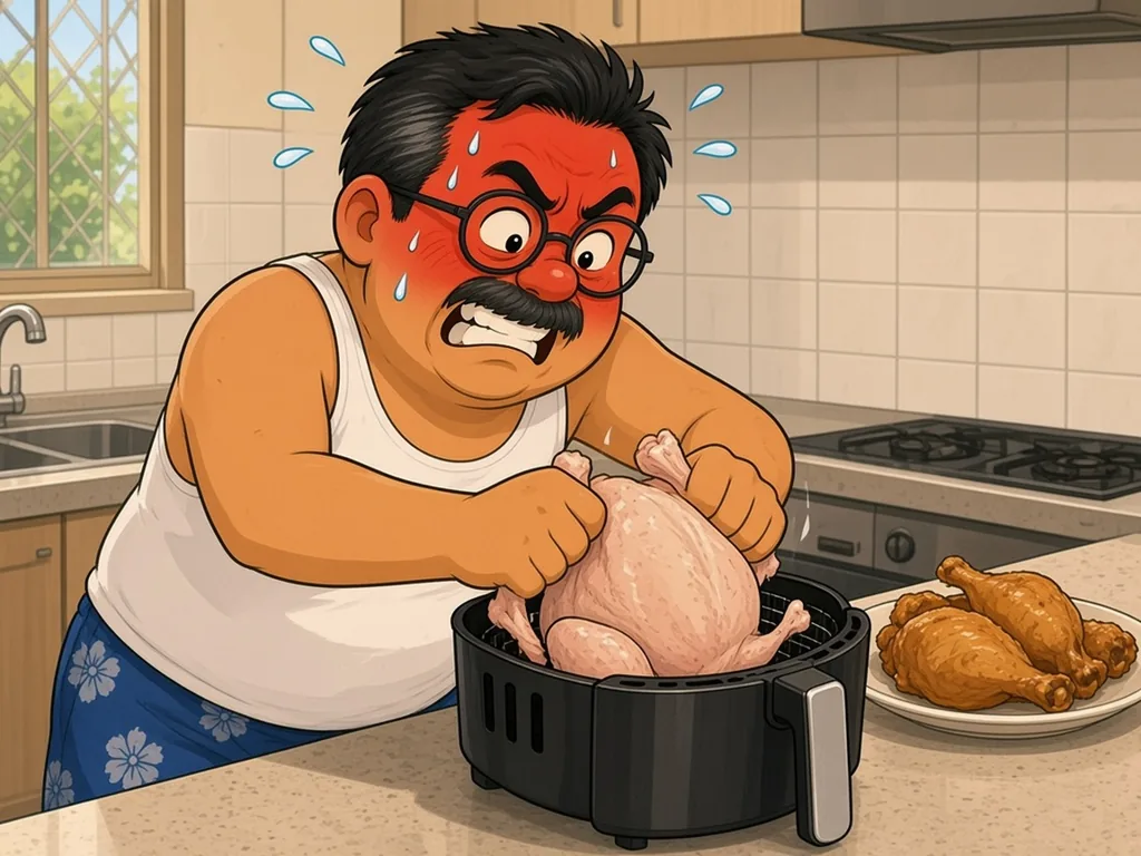 Cartoon of Ah Huat, a chubby uncle with round glasses and a moustache in a white singlet and blue floral shorts, trying to stuff a whole chicken into a small air fryer basket, while a plate of neatly batch-cooked drumsticks sits nearby.