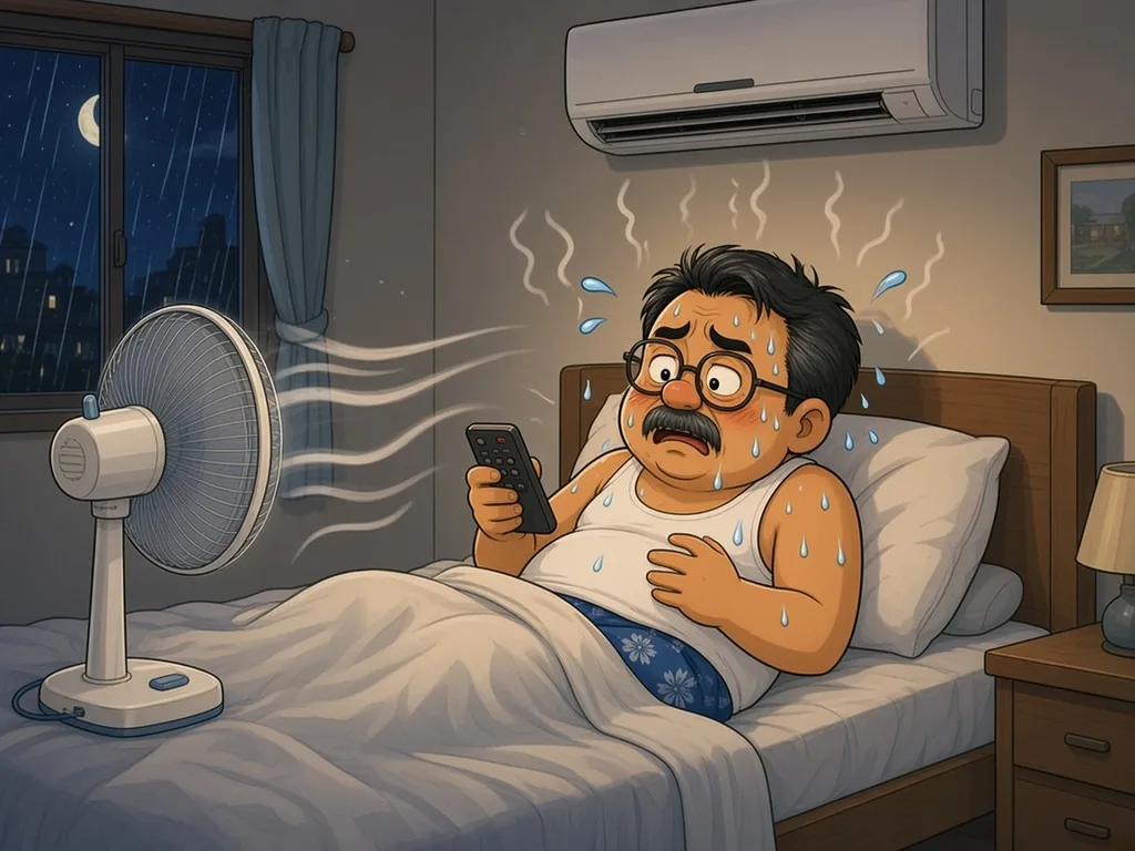 Cartoon of Ah Huat, a chubby uncle with round glasses and a moustache in a white singlet and blue floral shorts, lying sweaty in bed clutching the aircon remote with a worried face, a standing fan beside him and the aircon switched off.