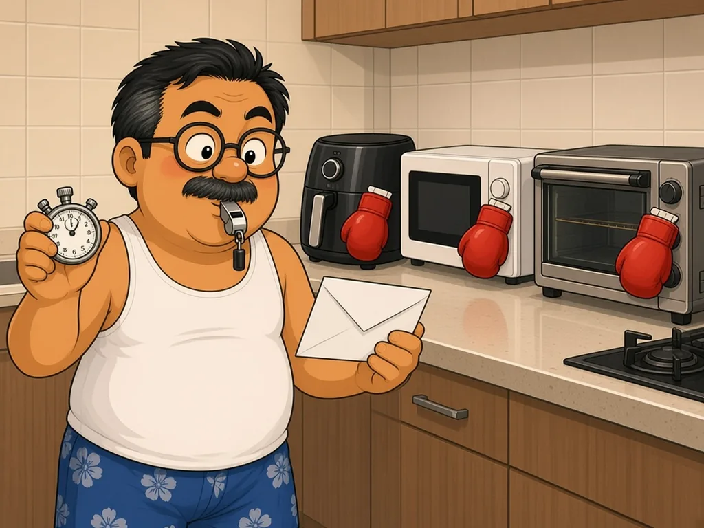 Cartoon of Ah Huat, a chubby uncle with round glasses and a moustache in a white singlet and blue floral shorts, acting as a referee with a whistle and stopwatch, holding an electricity bill envelope, while an air fryer, a microwave and a countertop oven wearing boxing gloves face off on the kitchen counter.