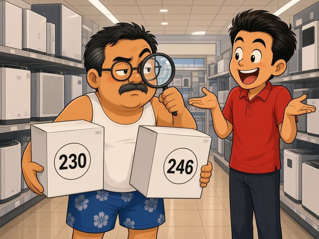 Comic: Ah Huat in a white singlet and hibiscus shorts holds two plain air purifier boxes, one with a sticker saying 230 and the other saying 246, squinting at a label through a magnifying glass, while a grinning salesman in a red polo shirt shrugs.