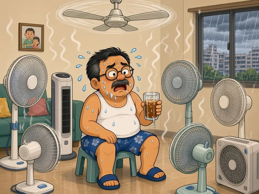 Cartoon of Ah Huat, a chubby uncle with round glasses and a moustache in a white singlet and blue floral shorts, sitting sweaty on the sofa surrounded by many different fans, with rain on the window behind him and an iced drink in his hand.