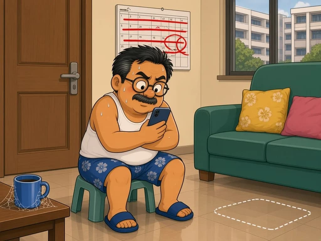 Comic: Ah Huat sits sweating on a plastic stool beside his HDB flat's front door, clutching his phone, next to a calendar full of crossed-out days and a cold kopi covered in cobwebs, with an empty dotted outline on the floor where the air purifier should be.